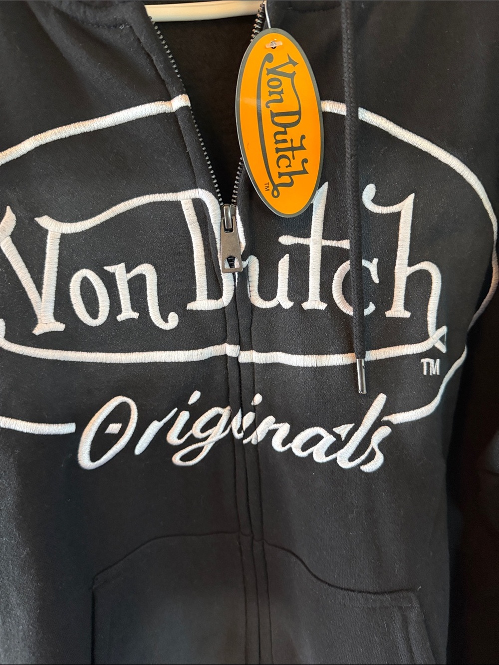 Von Dutch Black Zip Hoodie with White Logo and Red-Orange Sleeve Graphics - Picture 3 of 5